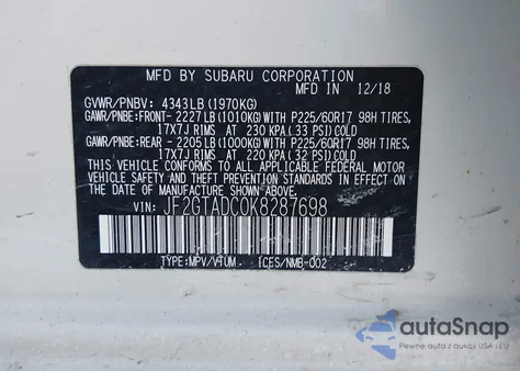 2019 Subaru Crosstrek 2.0I Premium z USA, uszkodzony, nr VIN JF2GTADC0K8287698